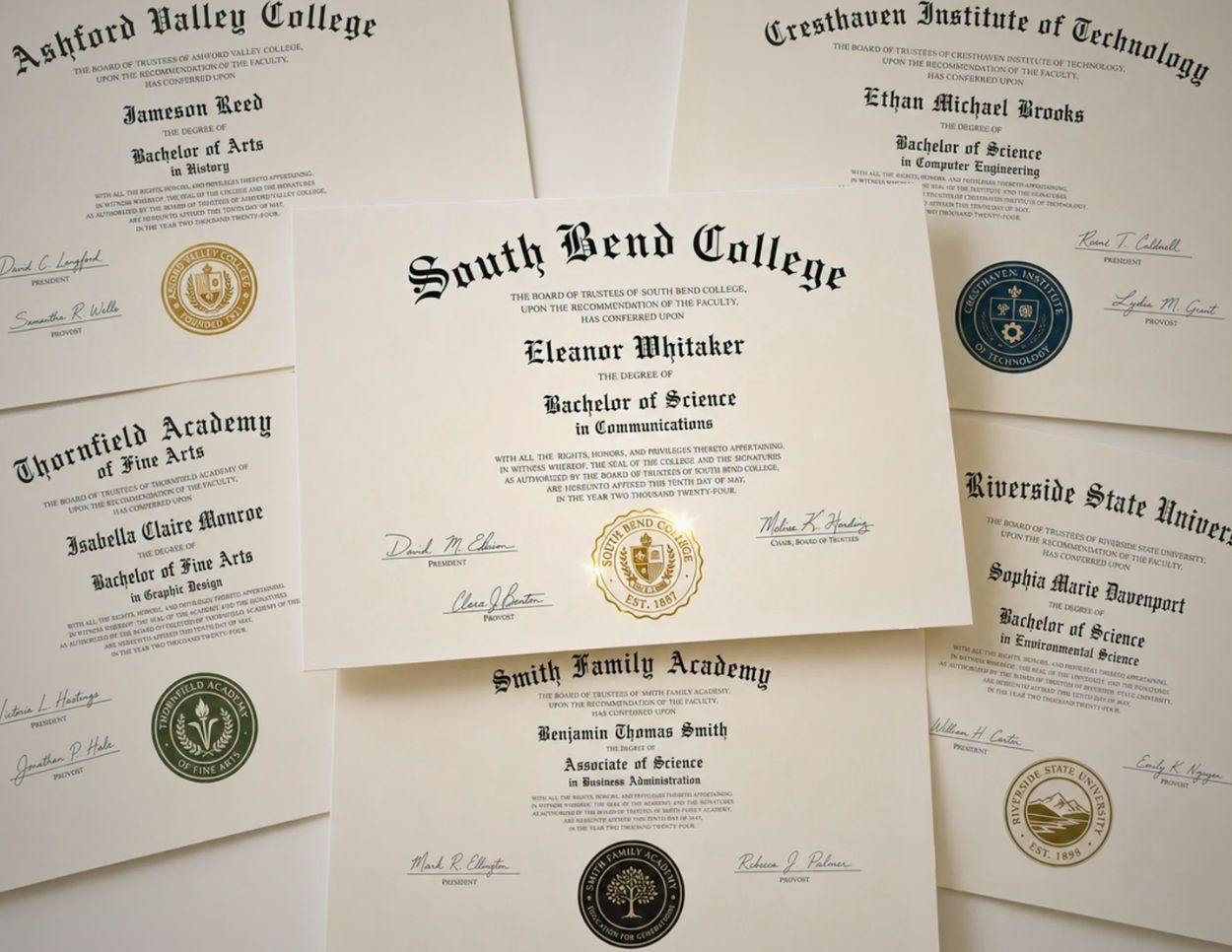 Custom diploma maker with personalized graduate name degree graduation date signatures and gold foil seal