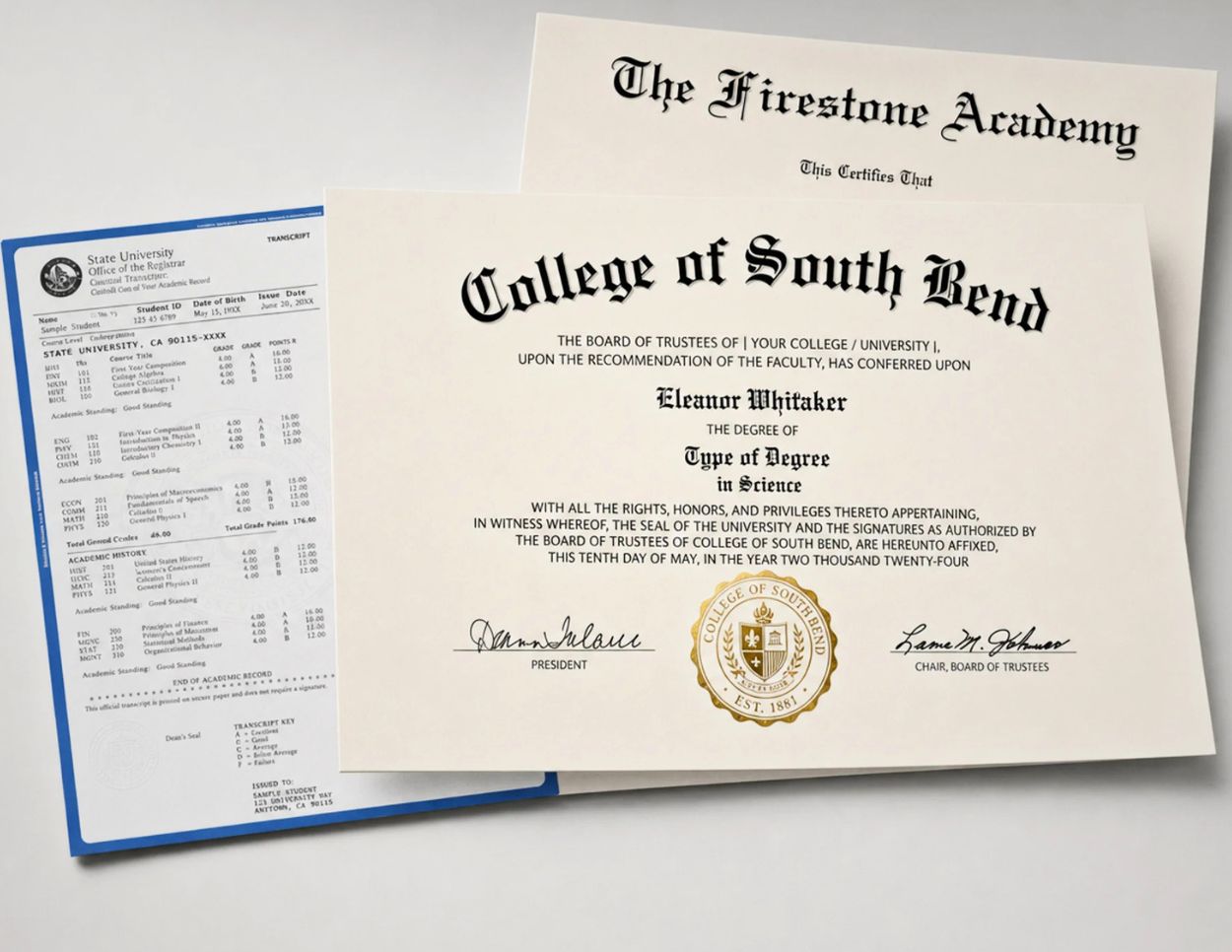 Online diploma maker showing custom college and high school replica diplomas with matching transcript