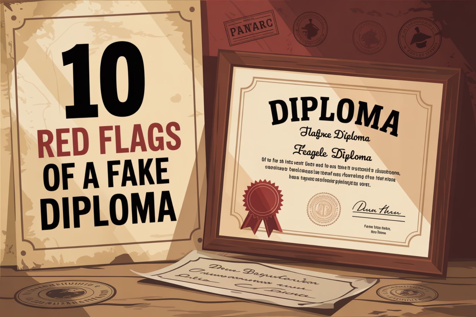 Illustrated poster with the title 10 Red Flags of a Fake Diploma and a flawed diploma graphic