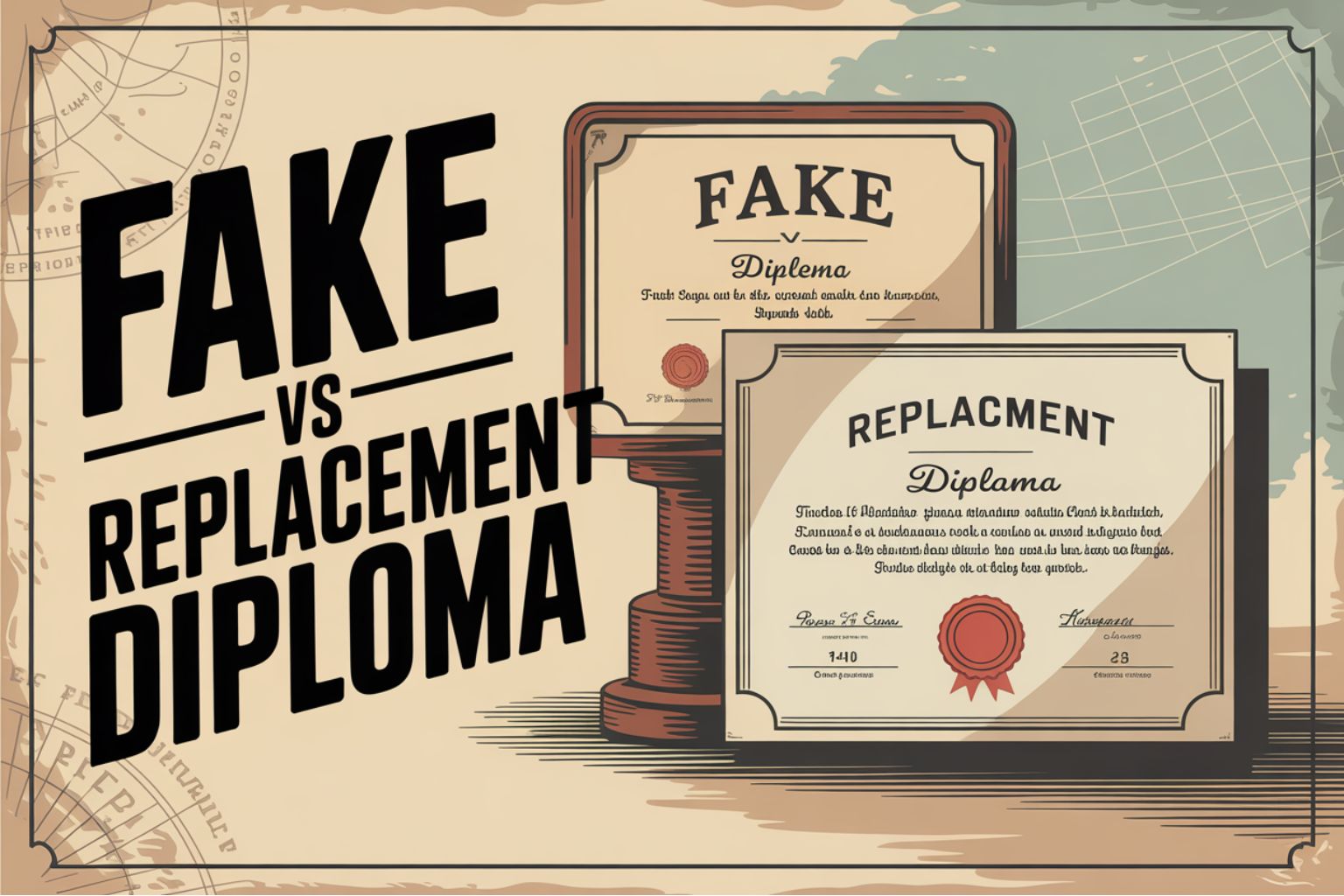 Illustrated comparison showing Fake vs Replacement Diploma with bold text and diploma graphics