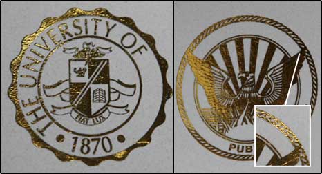 Close-up of a custom gold-foil diploma seal