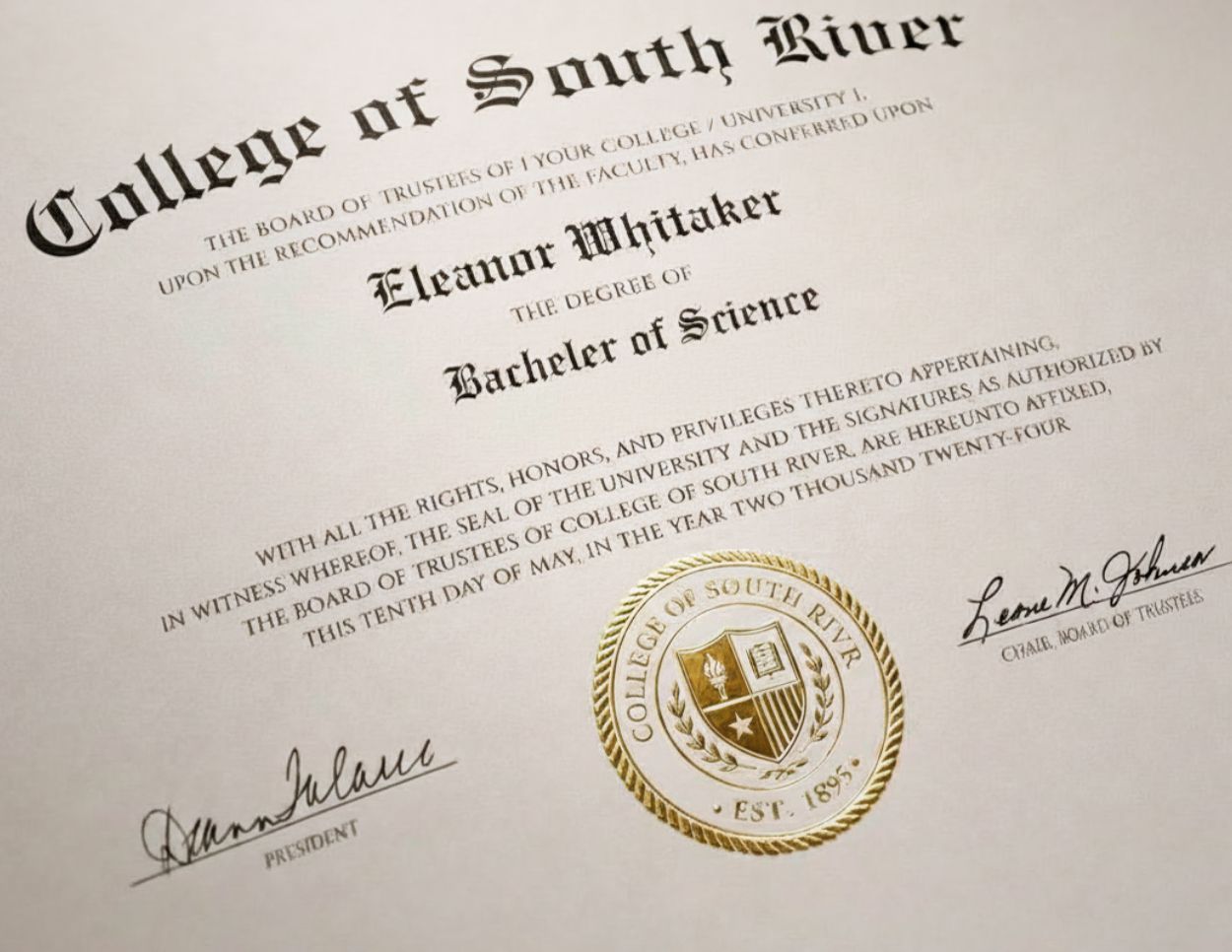 Close-up of professionally printed replica diploma with premium parchment paper crisp typography signatures and gold foil seal