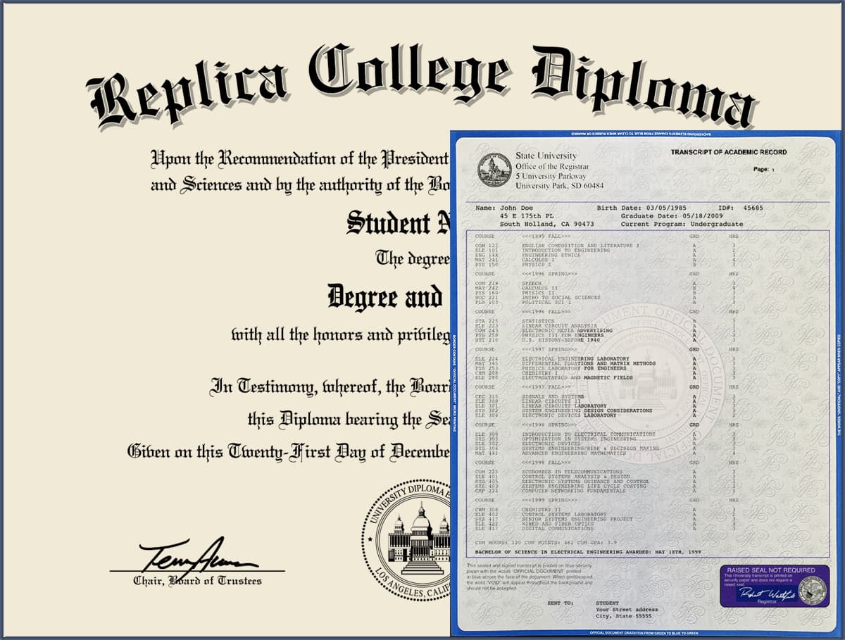 Replica College Diploma with Transcripts COLLEGE_DIPLOMA_WT_01