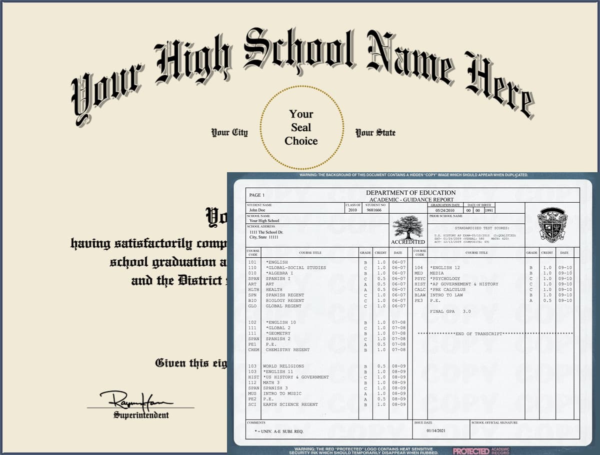 Fake High School Diploma with Fake Transcripts
