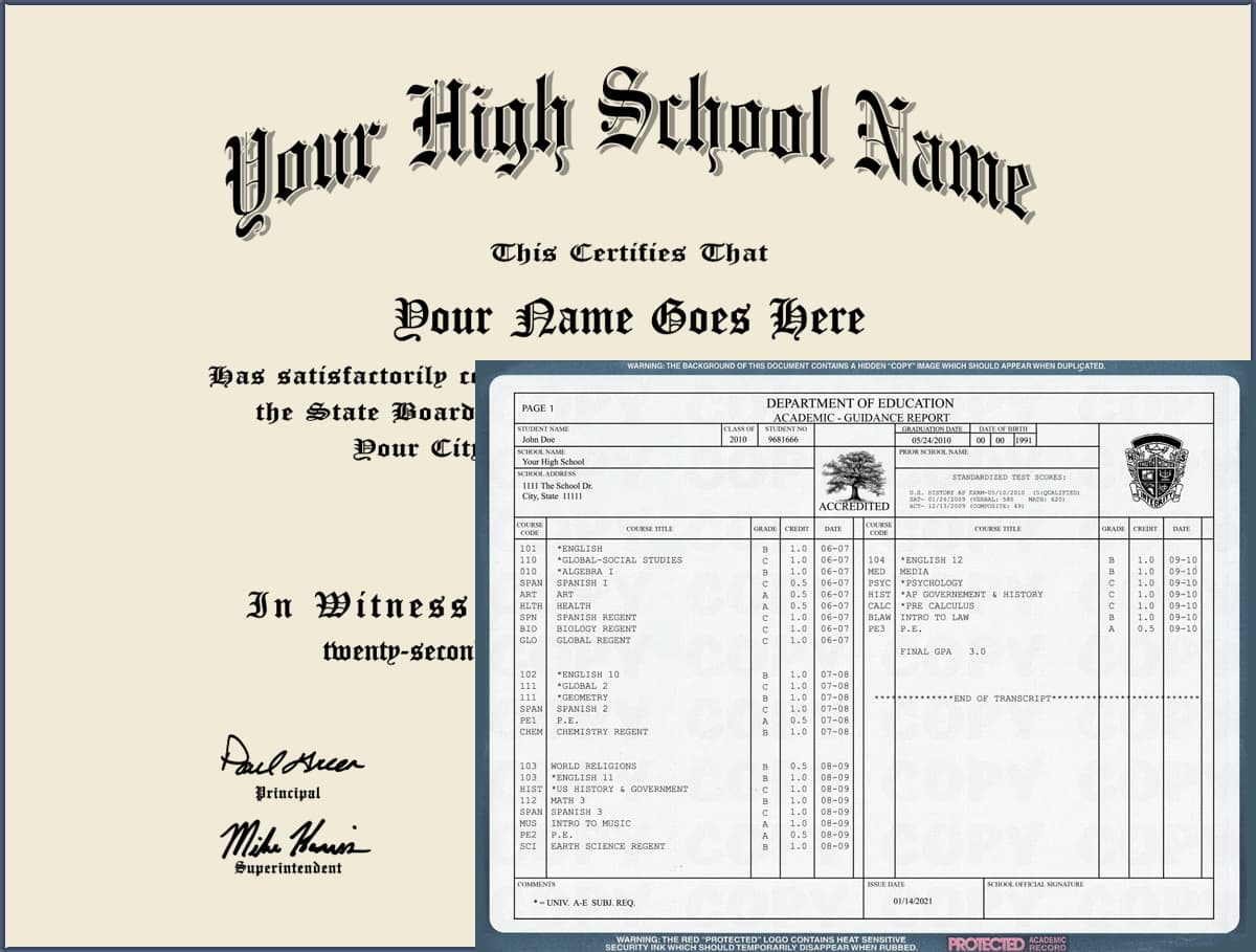 Fake High School Diploma with Fake Transcripts